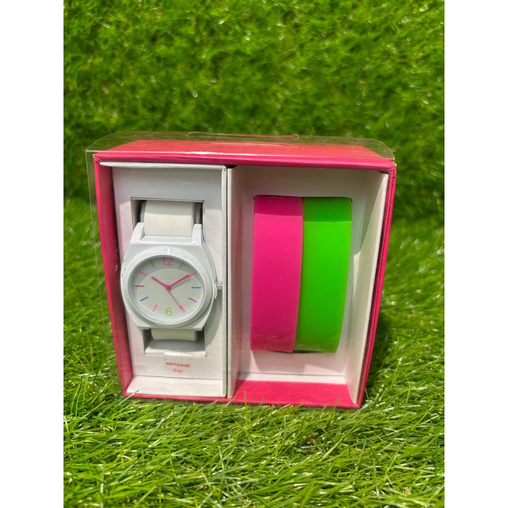 Xhilaration Interchangeable Strap Watch Set White Pink Green 27872XT New